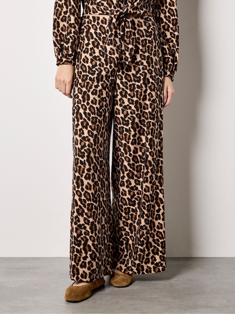 Apricot Brown Leopard Print Wide-Leg Trousers - Image 1 of 4 Apricot Brown Leopard Print Wide-Leg Trousers - Image 1 of 4