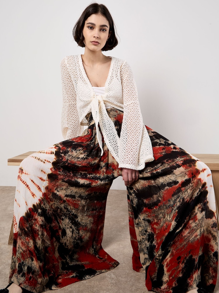 Apricot Tie-Dye Textured Palazzo Trousers - תמונה 2 מתוך 5
