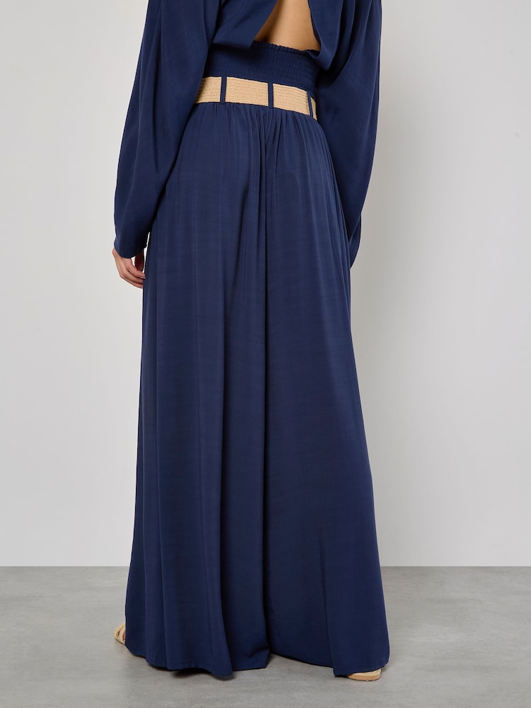 Apricot Blue Pleated Palazzo Trousers With Belt - Image 4 of 4