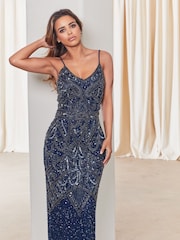 Sistaglam Navy Blue Heavy Embellished Sequin and Beaded Cami Maxi Dress - Image 1 of 4