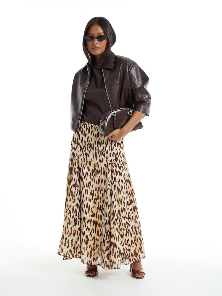 River Island Brown Petite Animal Godet Midi Skirt - Image 1 of 4