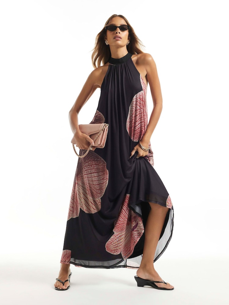River Island Black Halter Floral Print Maxi Dress - Image 1 of 4 River Island Black Halter Floral Print Maxi Dress - Image 1 of 4