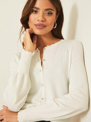 Lipsy White Scallop Detail Crew Neck Button Through Knitted Cardigan - Image 1 of 4