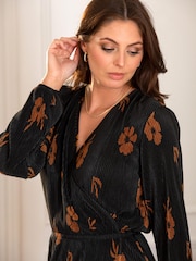 Pour Moi Black/ Chocolate Jada Plisse Long Sleeve Wrap Midi Dress - Image 3 of 5