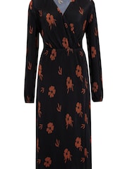 Pour Moi Black/ Chocolate Jada Plisse Long Sleeve Wrap Midi Dress - Image 4 of 5