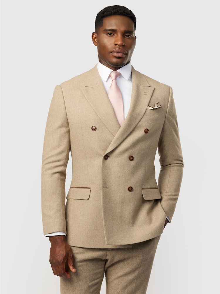 Antique Rogue Natural Slim Fit Baxter Camel Herringbone Double Breasted Jacket - Image 1 of 4