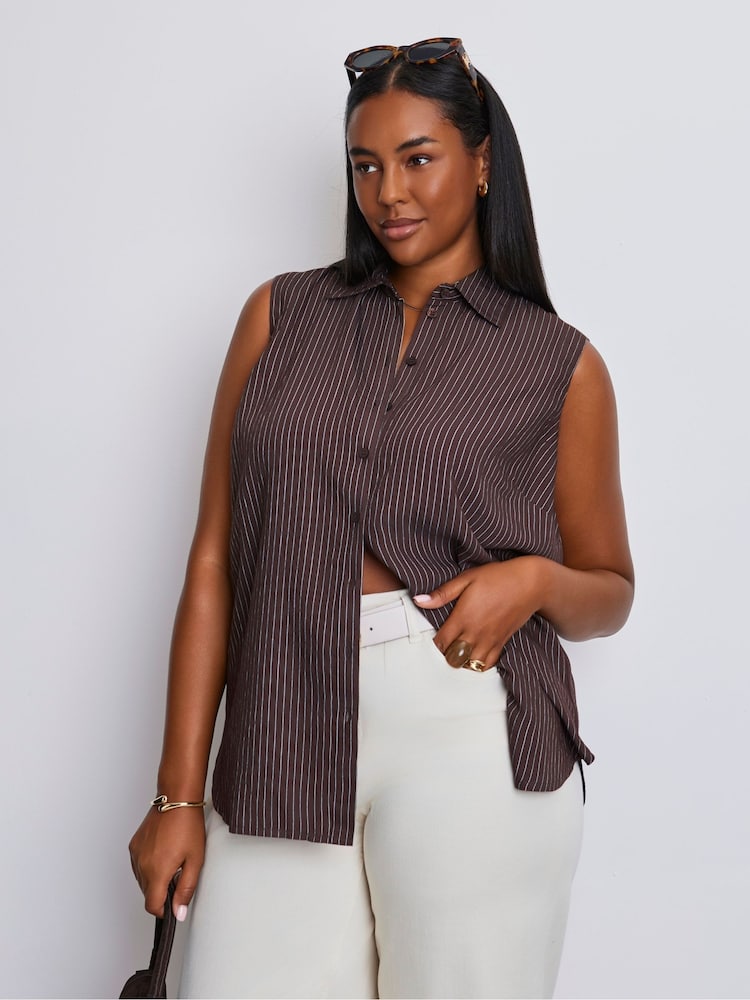 Live Unlimited Brown Striped Sleeveless Button Up Shirt - Image 2 of 6