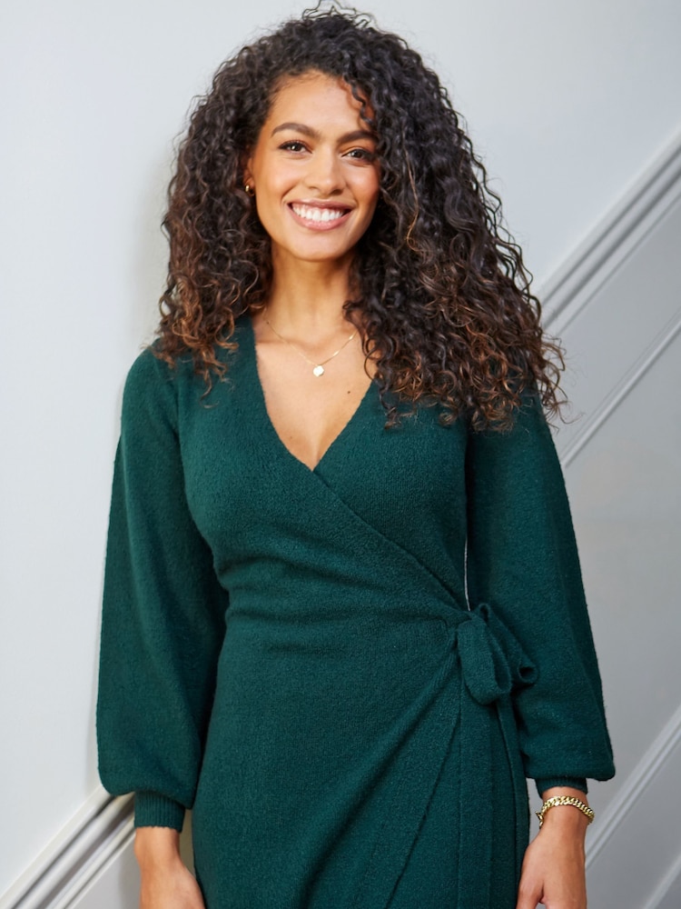 Pour Moi Green Elle Knit Midi Wrap Dress - Image 2 of 5