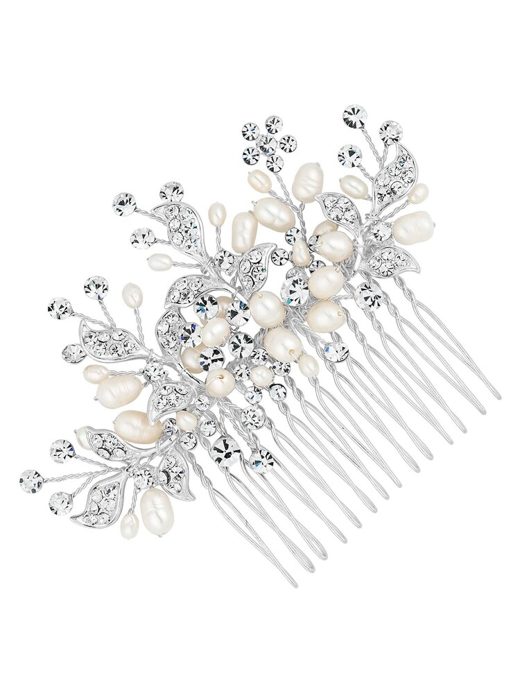 Jon Richard Silver Plated Pave Leaf And Freshwater Pearl Spray Comb - Gift Pouch - Image 1 of 2