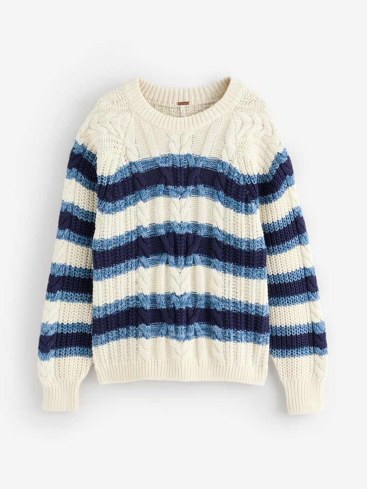 Free People White Frankie Cable Knit Striped Jumper - Image 1 of 6