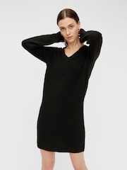 PIECES Black Long Sleeve V Neck Knitted Jumper Dress - Image 1 of 5