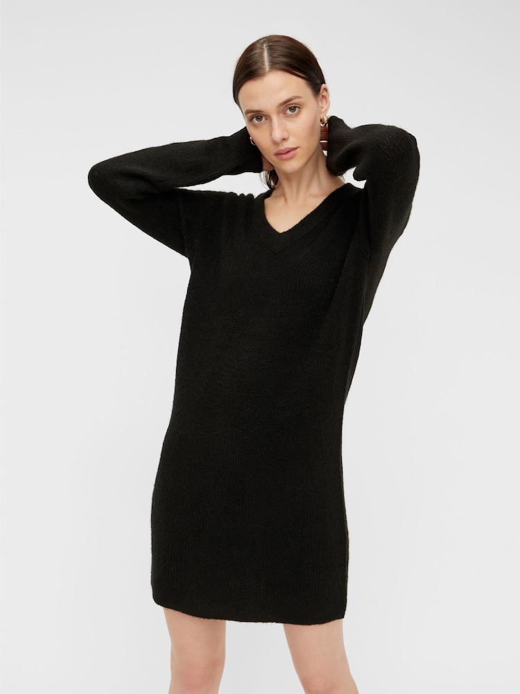 PIECES Black Long Sleeve V Neck Knitted Jumper Dress - Image 1 of 5