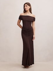 Μακρύ φόρεμα Ania με σούρες και λαιμόκοψη Bardot, Forever New - Εικόνα 1 του 4