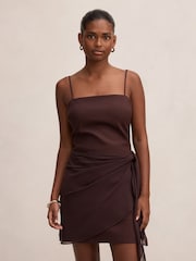 Forever New Brown Sienna Petite Sarong Mini Dress Contains Linen - Image 1 of 5