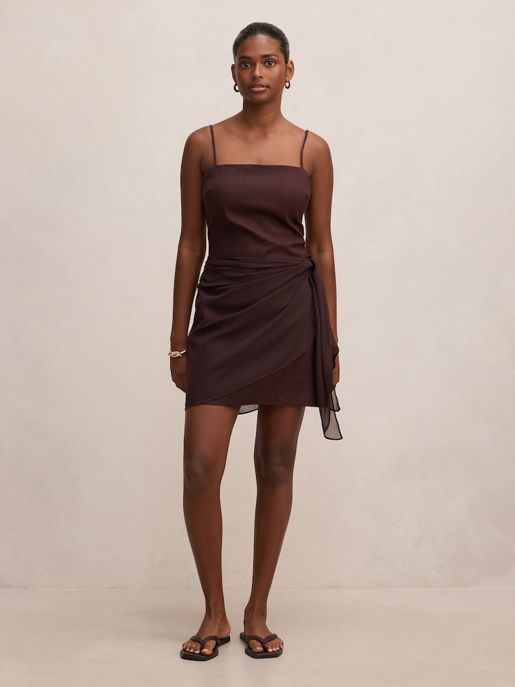 Forever New Brown Sienna Petite Sarong Mini Dress Contains Linen - Image 5 of 5 Forever New Brown Sienna Petite Sarong Mini Dress Contains Linen - Image 5 of 5