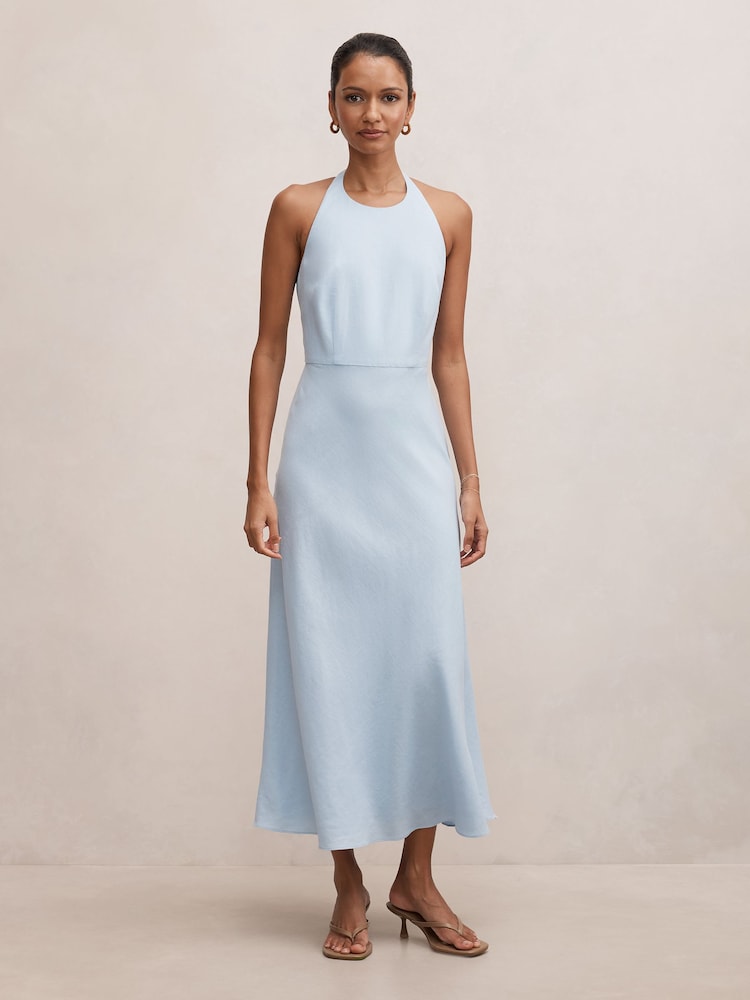 Forever New Blue Soraya Petite Beaded Back Midi Dress Contains Linen - Image 1 of 4 Forever New Blue Soraya Petite Beaded Back Midi Dress Contains Linen - Image 1 of 4