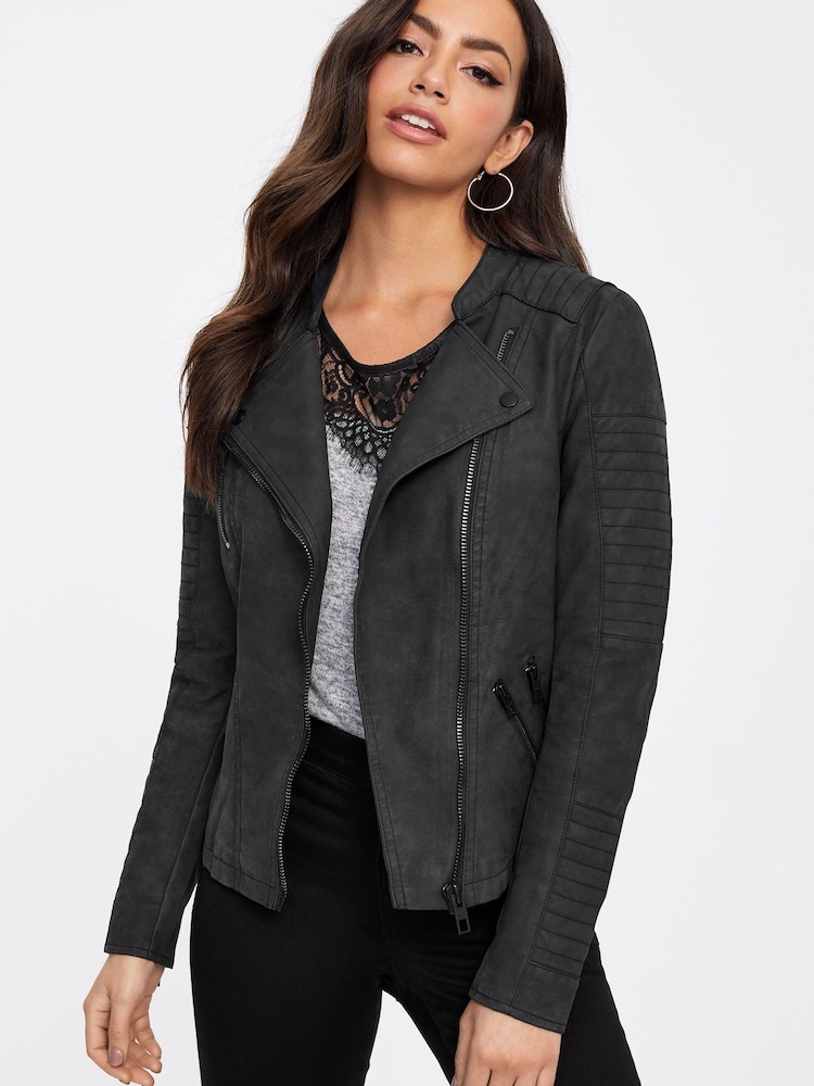 ONLY Black Faux Leather Biker Jacket - Image 1 of 5