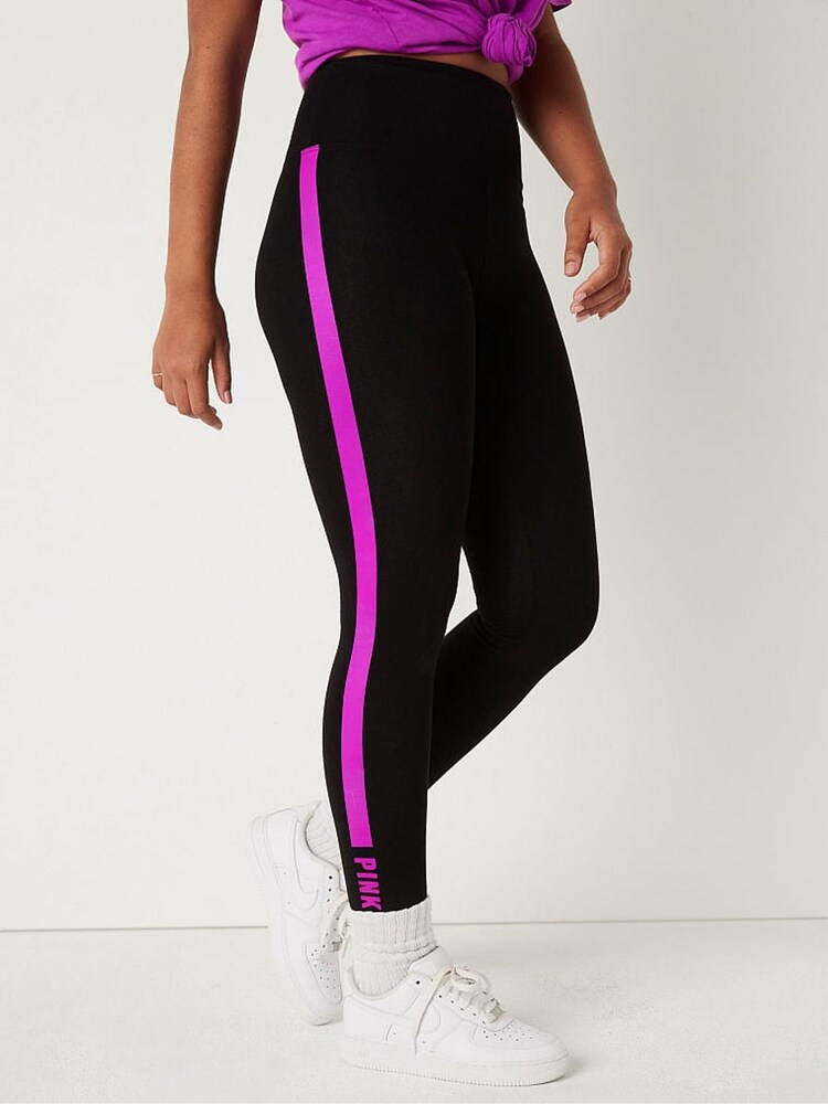 Victoria's Secret PINK Pure Black with Couture Fushia Stripe Cotton High Waist Leggings - Image 1 of 4