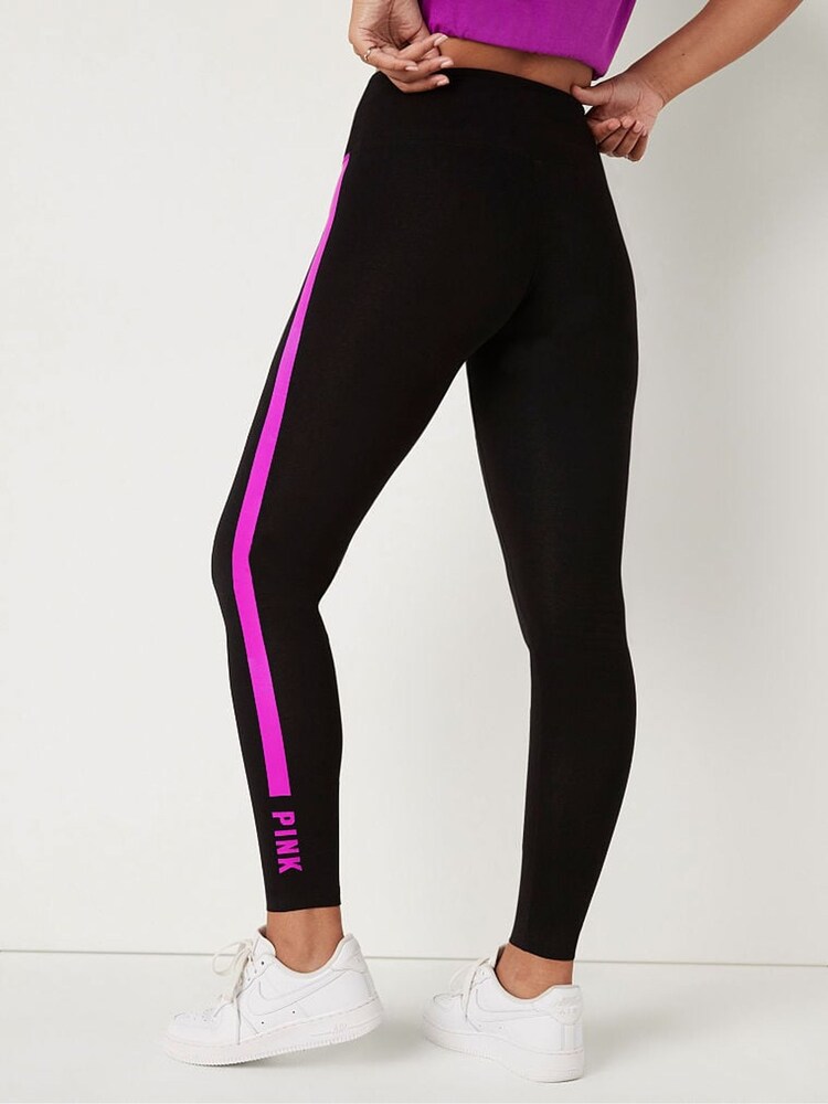 Victoria's Secret PINK Pure Black with Couture Fushia Stripe Cotton High Waist Leggings - Image 2 of 4