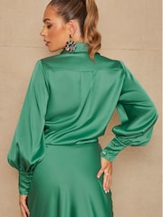 Chi Chi London Green Satin Wrap Midi Skirt - Image 4 of 4