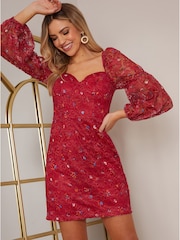Chi Chi London Red Long Sleeve Floral Lace Mini Dress - Image 3 of 5