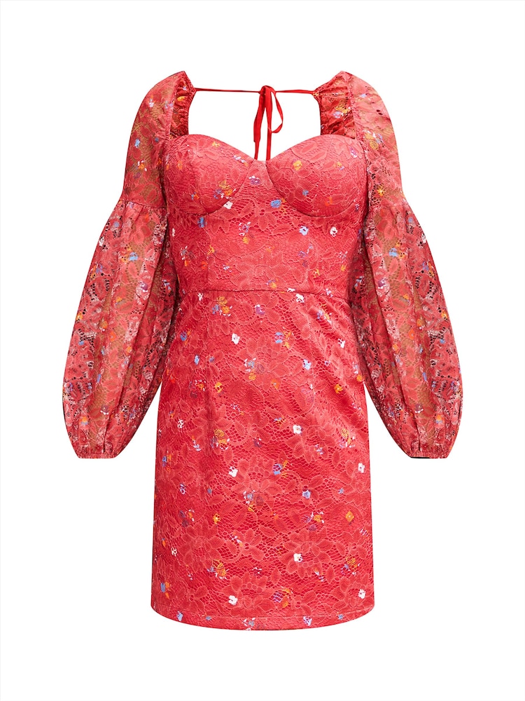 Chi Chi London Red Long Sleeve Floral Lace Mini Dress - Image 5 of 5