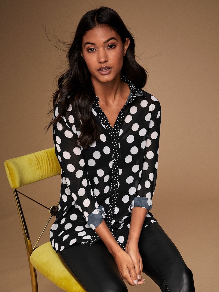 Lipsy Black / White Spot Button Up Shirt - Image 2 of 4