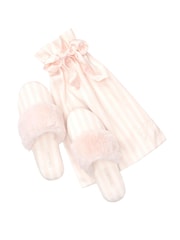 Victoria’s Secret Pink White Stripe Satin Stripe Slippers - Image 1 of 1