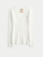 Hollister White Cable V-Neck Jumper - Image 1 of 1