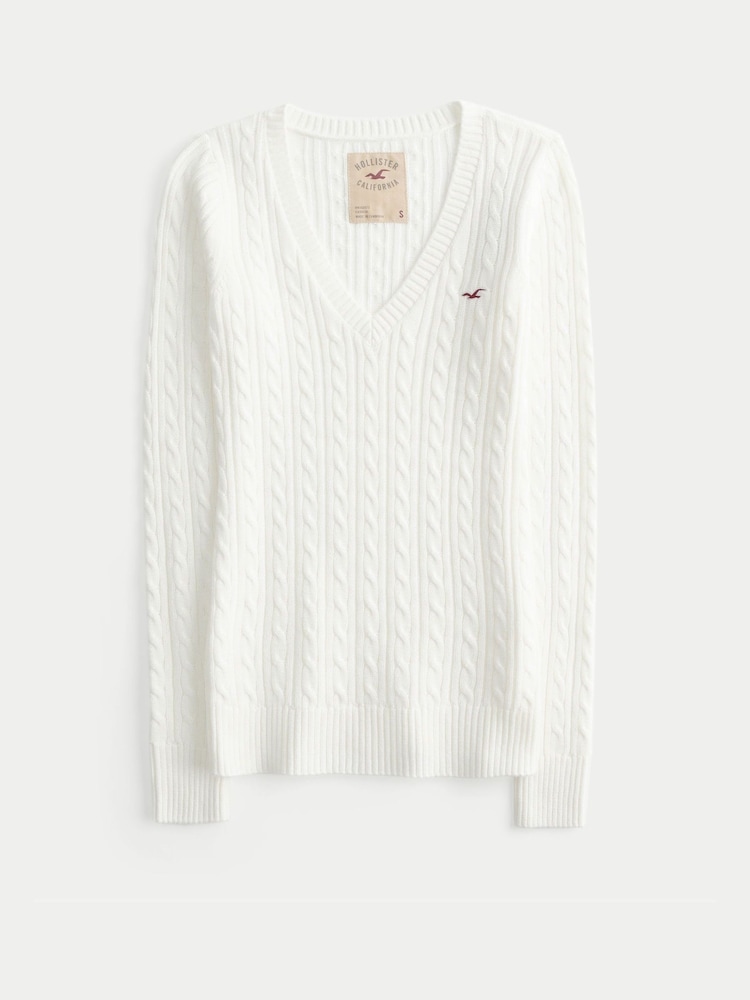 Hollister White Cable V-Neck Jumper - Image 1 of 1