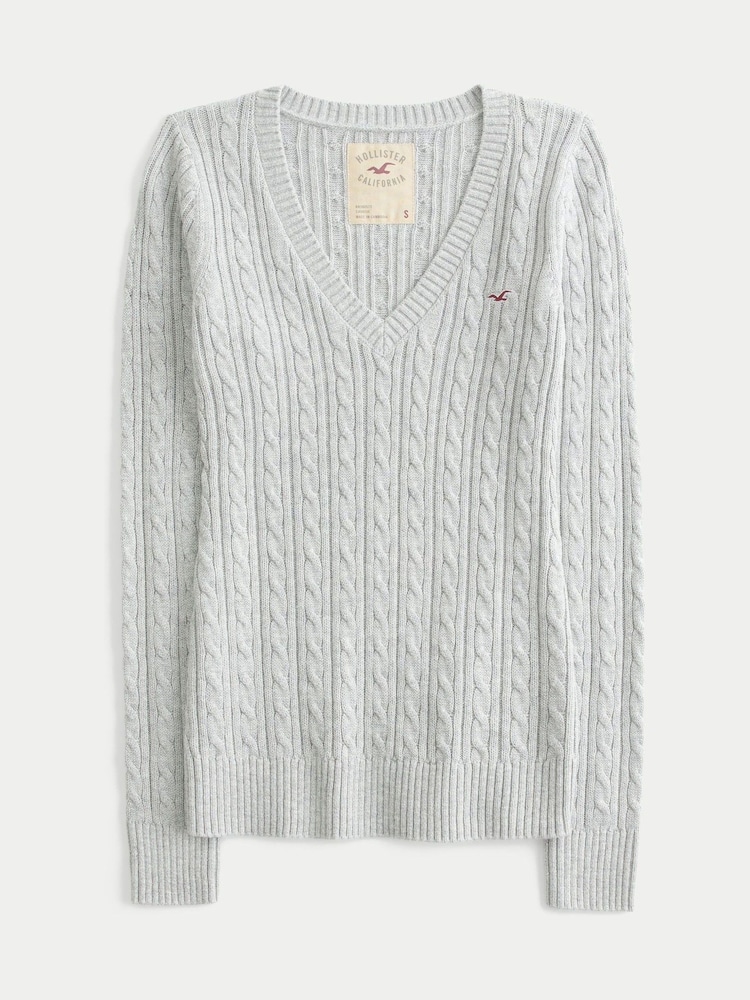 Hollister Grey Cable V-Neck Jumper - Image 1 of 1