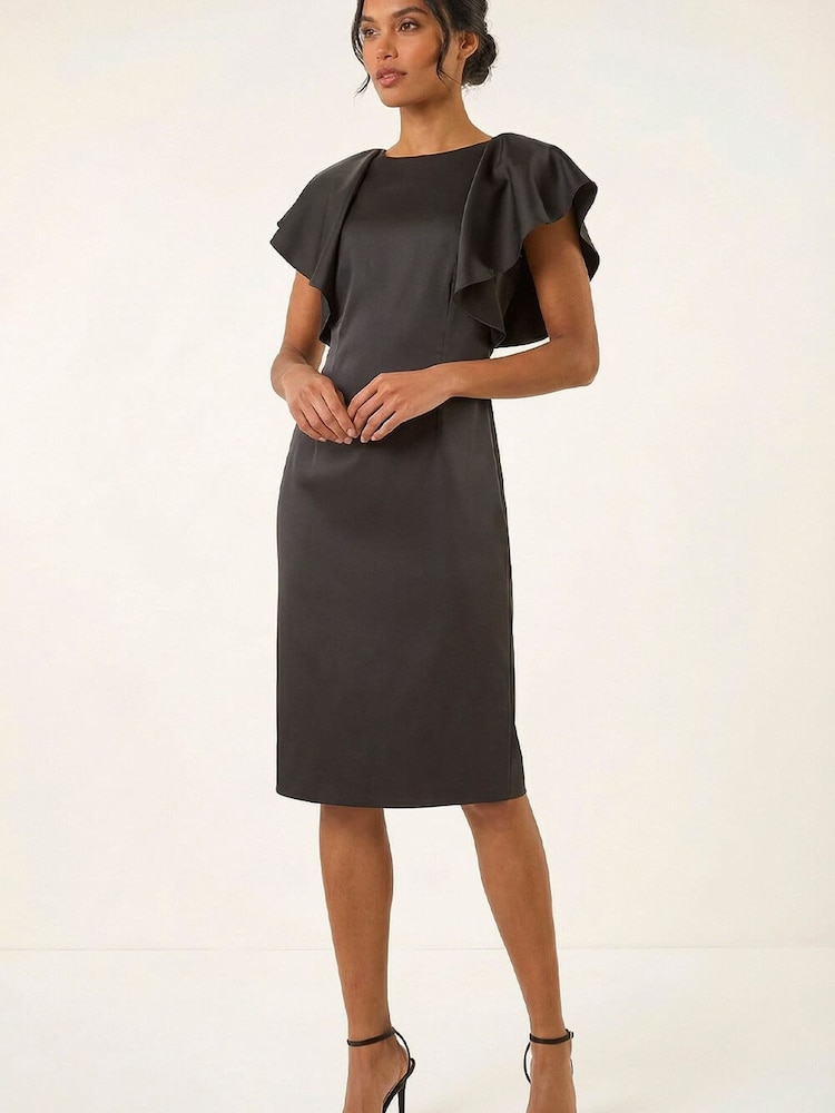 Roman Black Satin Ruffle Midi Dress - Image 2 of 5