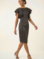 Roman Black Satin Ruffle Midi Dress - Image 3 of 5