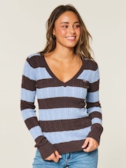Hollister Brown Cable V-Neck Jumper - Image 1 of 3