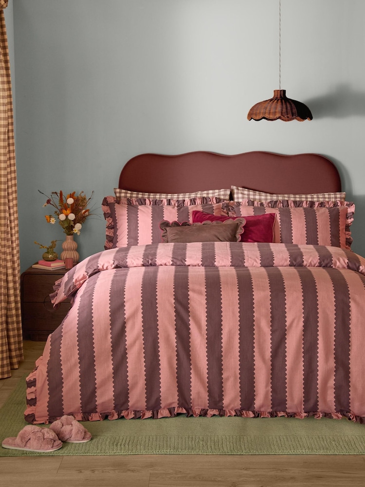 Wylder Rose Chocolate Birdie Stripe Ruffle Duvet Cover Pillowcase Set - Image 1 of 3