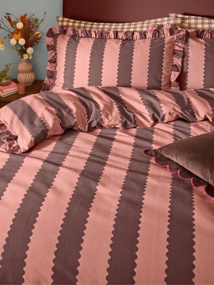 Wylder Rose Chocolate Birdie Stripe Ruffle Duvet Cover Pillowcase Set - Image 2 of 3
