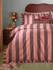 Wylder Rose Chocolate Birdie Stripe Ruffle Duvet Cover Pillowcase Set - Image 3 of 3