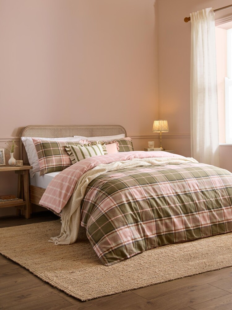 Wylder Nature Pink Green Brushed Cotton Braemar Check Reversible Duvet Set - Image 1 of 3