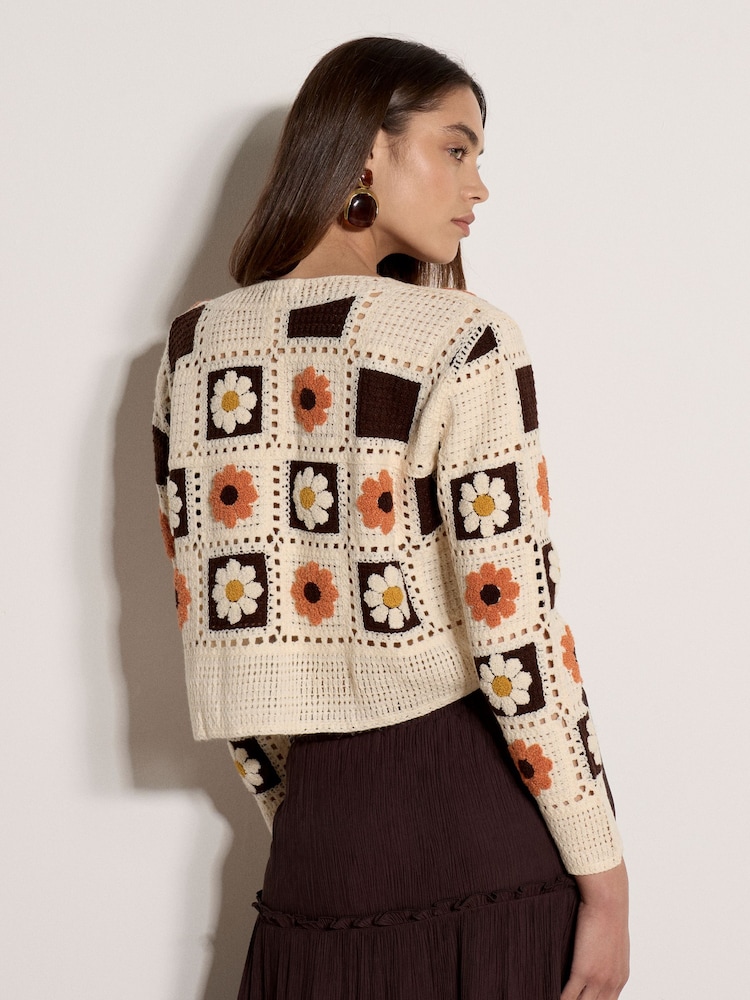 Apricot Natural Patchwork Daisy Crochet Cardigan - Image 2 of 4 Apricot Natural Patchwork Daisy Crochet Cardigan - Image 2 of 4