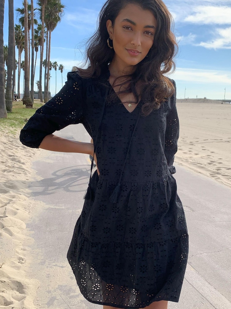 Lipsy Black Broderie Smock Dress - Image 2 of 3