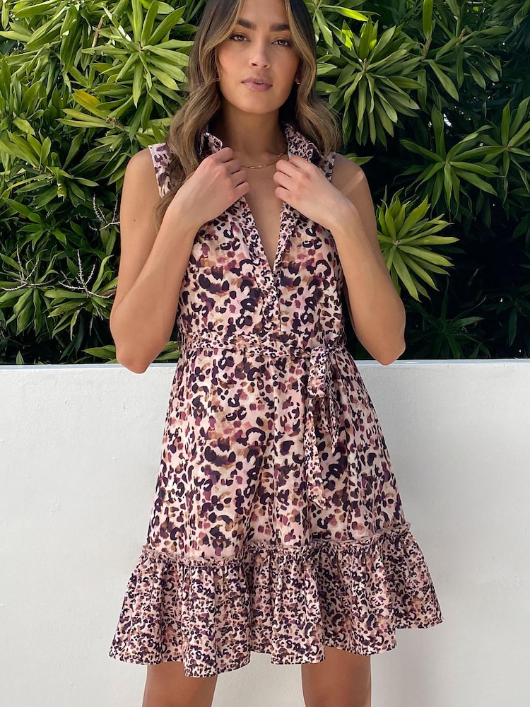 Lipsy Pink Leopard Animal Sleeveless Tiered Belted Shirt Dress - Image 1 of 4 Lipsy Pink Leopard Animal Sleeveless Tiered Belted Shirt Dress - Image 1 of 4