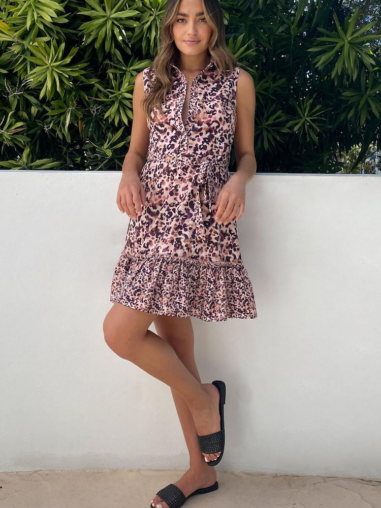 Lipsy Pink Leopard Animal Sleeveless Tiered Belted Shirt Dress - Image 2 of 4 Lipsy Pink Leopard Animal Sleeveless Tiered Belted Shirt Dress - Image 2 of 4