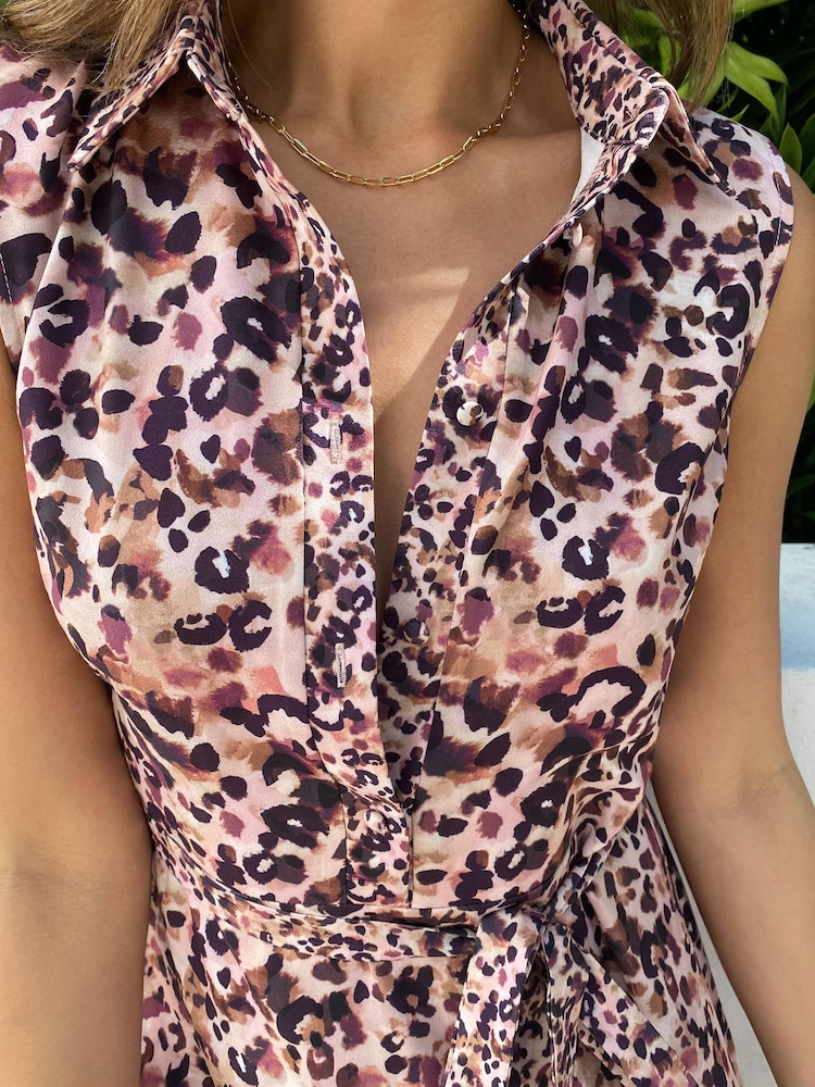 Lipsy Pink Leopard Animal Sleeveless Tiered Belted Shirt Dress - Image 4 of 4 Lipsy Pink Leopard Animal Sleeveless Tiered Belted Shirt Dress - Image 4 of 4