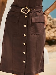 Sosandar Brown Linen Blend Button Front Fit & Flare Dress - Image 4 of 5
