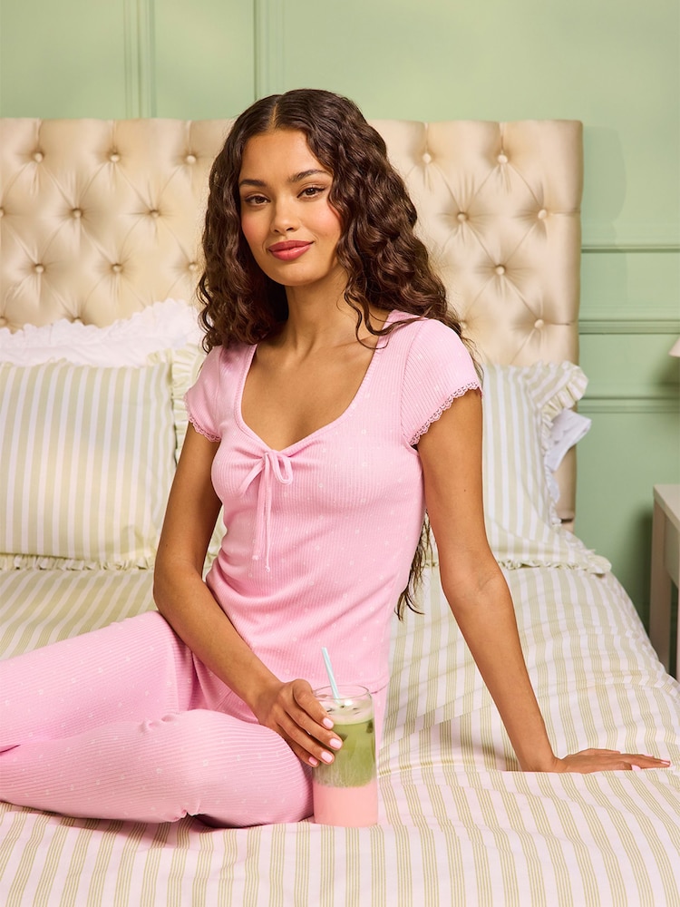Boux Avenue Pink Daisy Ribbed Long Pyjamas Set - Image 1 of 7
