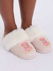 Boux Avenue White Teddy Embroidered Fluffy Mule Slippers - Image 1 of 6