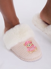 Boux Avenue White Teddy Embroidered Fluffy Mule Slippers - Image 2 of 6