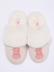 Boux Avenue White Teddy Embroidered Fluffy Mule Slippers - Image 5 of 6
