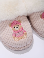 Boux Avenue White Teddy Embroidered Fluffy Mule Slippers - Image 6 of 6