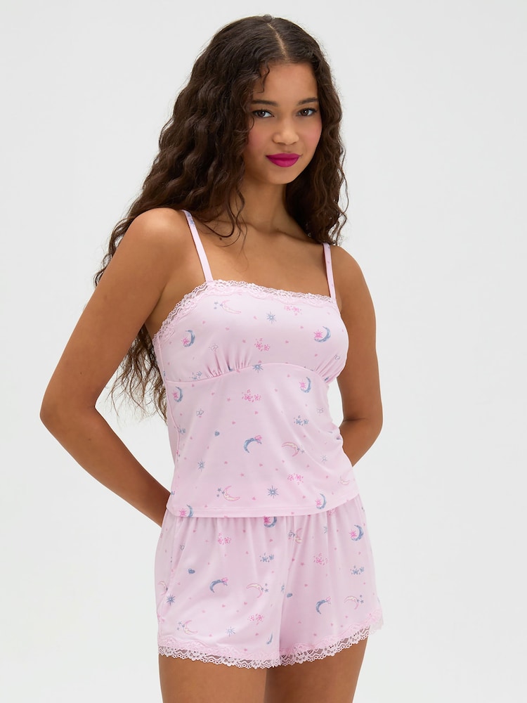 Boux Avenue Pink Moon & Stars Modal Short Cami Set - Image 1 of 5 Boux Avenue Pink Moon & Stars Modal Short Cami Set - Image 1 of 5